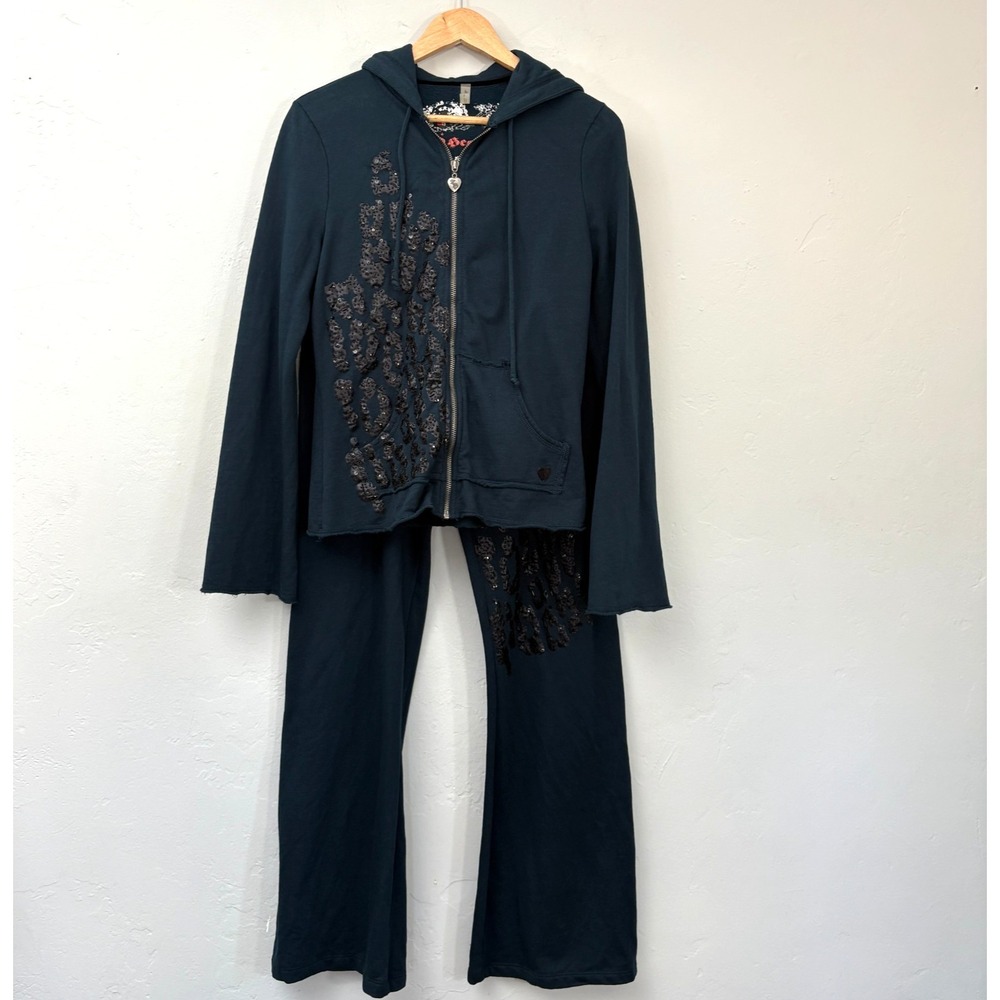 Twisted Heart Tracksuit Women Sz L/XL Teal Green Hoodie Pants Heart Beaded Y2K
